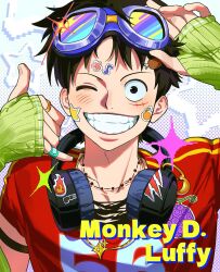  1boy alternate_costume bandaid bandaid_on_finger bandaid_on_hand black_hair blush boned_meat character_name clenched_teeth commentary_request devil_fruit fingerless_gloves food fruit glint gloves goggles goggles_on_head green_gloves grin headphones headphones_around_neck highres jewelry korean_commentary looking_at_viewer male_focus mandarin_orange meat monkey_d._luffy musical_note necklace one_eye_closed one_piece onzr560 red_shirt ring scar scar_on_cheek scar_on_face shirt short_hair smile solo sparkle star_(symbol) sticker sticker_on_face straight-on teeth upper_body 