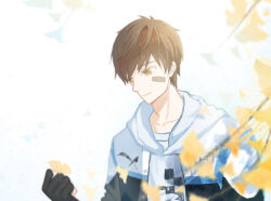  1boy autumn bai_qi_(love_and_producer) bandaid bandaid_on_cheek bandaid_on_face black_gloves black_jacket branch brown_eyes brown_hair buttons checkered_clothes checkered_shirt closed_mouth collarbone commentary_request downturned_eyes eyelashes fingerless_gloves ginkgo_leaf gloves hair_between_eyes happy highres holding holding_leaf hood hood_down hooded_jacket jacket leaf light_particles long_sleeves looking_at_object love_and_producer male_focus messy_hair miqing multicolored_jacket nostrils pointy_nose puffy_long_sleeves puffy_sleeves shirt short_hair smile solo two-tone_jacket upper_body white_background white_jacket white_shirt 