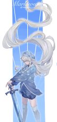  1girl absurdly_long_hair absurdres animification blue_eyes blue_hat blue_shirt blue_shorts blue_theme character_name chinese_commentary commentary_request hat highres holding holding_sword holding_weapon lanlin long_hair long_sleeves marlowww minecraft_youtube pajamas shirt shorts socks solo standing sword tenshi_kaiwai very_long_hair weapon white_hair white_socks 