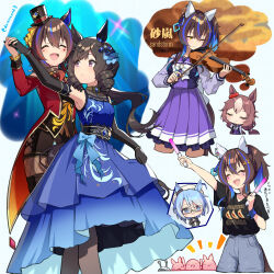  2others 6+girls ^_^ animal_ears bare_shoulders birthday black_hat black_shirt blue_dress blue_eyes blue_hair brown_hair closed_eyes clothes_writing coat commentary_request daiichi_ruby_(flowing_blue)_(umamusume) daiichi_ruby_(umamusume) daitaku_helios_(joyful_jamboree!)_(umamusume) daitaku_helios_(umamusume) dark_hound_3 denim dress ear_covers elbow_gloves fang fishnet_pantyhose fishnets gloves glowstick happy_birthday hat highres holding holding_glowstick horse_ears horse_girl jeans k.s.miracle_(autumn_color_andante)_(umamusume) k.s.miracle_(umamusume) looking_at_another mini_hat mini_top_hat multicolored_hair multiple_girls multiple_others official_alternate_costume pants pantyhose pantyhose_under_shorts print_headwear red_coat school_uniform semi-rimless_eyewear shirt short_hair shorts single_ear_cover skin_fang sleeveless sleeveless_dress streaked_hair tilted_headwear top_hat tracen_school_uniform umamusume under-rim_eyewear violet_eyes white_hat yamanin_zephyr_(fluttertail_spirit)_(umamusume) yamanin_zephyr_(umamusume) 