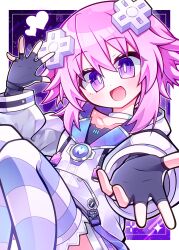  1girl absurdres aijiro83 blush choker choushinjiku_game_neptune_unlimited commentary_request d-pad d-pad_hair_ornament emblem fingerless_gloves gloves hair_ornament heart highres hood hood_down hoodie long_sleeves looking_at_viewer neptune_(neptunia) neptune_(series) open_mouth purple_hair short_hair sidelocks smile solo striped_clothes striped_thighhighs thigh-highs usb violet_eyes white_choker white_hoodie 