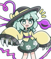 1girl black_hat bow bright_pupils claws commentary fang floral_print frilled_skirt frills green_eyes green_hair green_skirt hat hat_bow heart heart_of_string komeiji_koishi long_hair long_sleeves looking_at_viewer open_mouth rose_print shirt signature simple_background skirt solo third_eye touhou white_background white_pupils yellow_bow yellow_shirt yoriyori 
