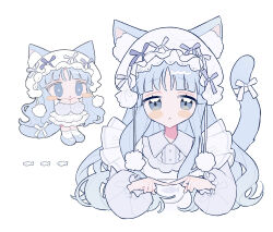  1girl animal_ear_fluff animal_ears blue_eyes blue_hair blue_shoes blunt_bangs blush_stickers cat_ears cat_girl cat_tail chibi closed_mouth commentary_request cropped_legs hat highres index_fingers_together long_hair long_sleeves looking_at_viewer mob_cap multiple_views niyu_(nennenkorori3) open_mouth original shirt shoes simple_background socks tail triangle_mouth white_background white_hat white_shirt white_socks 