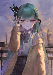  1girl absurdres bow bowtie braid brown_cardigan butterfly_hair_ornament cardigan cardigan_partially_removed closed_mouth clouds cloudy_sky colored_inner_hair commentary_request cowboy_shot green_hair grey_bow grey_bowtie grey_shirt grey_skirt hair_between_eyes hair_ornament hand_up highres hololive long_hair long_sleeves looking_at_viewer mane031210 multicolored_hair official_alternate_costume outdoors plaid_bow plaid_bowtie plaid_clothes plaid_skirt red_eyes school_uniform shirt single_braid skirt sky solo uruha_rushia uruha_rushia_(school_uniform) virtual_youtuber 