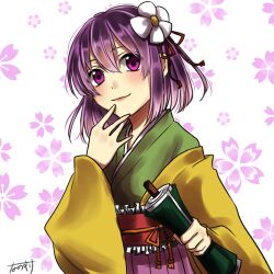  1girl closed_mouth commentary_request flower green_kimono hair_flower hair_ornament hakama hieda_no_akyuu highres holding holding_scroll japanese_clothes kimono layered_kimono looking_at_viewer medium_hair nanosuke_(nanonano9) purple_hair scroll signature smile solo touhou violet_eyes white_flower yellow_kimono 