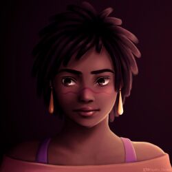  1girl brown_eyes closed_mouth dark-skinned_female dark_skin earrings english_commentary facial_mark grace_monroe gradient_background highres infinity_train jewelry lips portrait short_hair solo squishy_doodles teardrop_earrings 