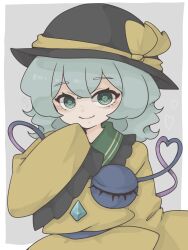  1girl black_hat border buttons closed_mouth collared_shirt commentary contrast_collar crossed_bangs diamond_button double-parted_bangs frilled_shirt_collar frills green_eyes green_hair hair_between_eyes hand_up harukairo hat hat_ribbon heart heart_of_string highres komeiji_koishi long_sleeves looking_at_viewer ribbon shirt short_hair sleeves_past_fingers sleeves_past_wrists smile solo third_eye touhou untranslatable_commentary upper_body white_border yellow_ribbon yellow_shirt 