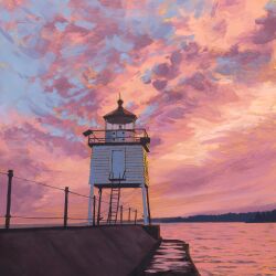  absurdres blue_sky clouds cloudy_sky door highres jimmusilpainter ladder lighthouse no_humans ocean original outdoors scenery sky wire_fence 