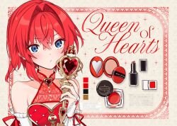  1girl alice's_adventures_in_wonderland ange_katrina aubrey_(kyarairo) bare_shoulders blue_eyes blush border bridal_gauntlets brooch brown_background censored censored_text character_name closed_mouth commentary_request compact_(cosmetics) cosmetics cosplay crossed_bangs fingernails frilled_bridal_gauntlets gold_scepter hair_between_eyes hair_intakes hand_up heart heart_brooch heart_scepter holding holding_scepter inset_border jewelry lipstick long_fingernails looking_at_viewer makeup medium_hair nail_polish nijisanji ornate_border portrait puckered_lips queen_of_hearts_(alice_in_wonderland) queen_of_hearts_(alice_in_wonderland)_(cosplay) red_border red_hair red_nails red_ribbon ribbon scepter solo star_(symbol) virtual_youtuber white_bridal_gauntlets 