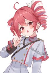  1girl :o absurdres ahoge blush buttons chestnut_mouth commentary double-breasted drill_hair fingernails grey_shirt grey_skirt hair_between_eyes head_tilt highres index_finger_raised kasane_teto kasane_teto_(sv) long_sleeves looking_at_viewer midriff_peek open_mouth pleated_skirt red_eyes red_hair red_nails red_trim ribbon ryaru_ryaru shirt shoulder_belt simple_background skirt solo synthesizer_v twin_drills upper_body white_background white_ribbon zipper_skirt 