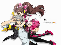  1boy 1girl bow brown_eyes brown_hair carrying carrying_person commentary_request grey_eyes grey_hair headphones headphones_around_neck highres houndstooth korean_commentary kujikawa_rise looking_at_viewer narukami_yu official_alternate_costume persona persona_4 persona_4:_dancing_all_night persona_dancing school_uniform v yasogami_school_uniform yolrsona 