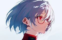  1girl ayanami_rei blue_hair bodysuit chinese_commentary commentary_request cosplay expressionless floating_hair from_side high_collar highres kabu_xblezzz looking_ahead neon_genesis_evangelion parted_lips portrait red-framed_eyewear red_bodysuit red_eyes short_hair simple_background solo 