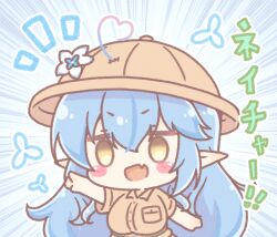  1girl :d ahoge blue_hair blush_stickers breasts brown_eyes brown_helmet brown_shirt chibi collared_shirt commentary_request dress_shirt emphasis_lines fang gradient_hair hair_between_eyes hair_through_headwear heart heart_ahoge helmet highres hololive large_breasts long_hair mitarashi_neko multicolored_hair notice_lines outstretched_arm pink_hair pith_helmet pointing pointy_ears polka_dot polka_dot_background shirt short_sleeves smile solo streaked_hair translation_request upper_body v-shaped_eyebrows very_long_hair virtual_youtuber yukihana_lamy 