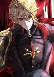  1boy black_coat black_gloves black_pants black_shirt blonde_hair coat commentary_request gem genshin_impact gloves hair_between_eyes head_rest highres lapels long_sleeves looking_to_the_side male_focus medium_hair nekokoko notched_lapels open_clothes open_coat pants red_gem shirt sideways_glance sitting solo varka_(genshin_impact) watermark 