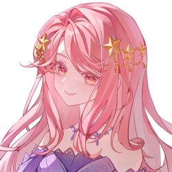  1girl aegyo_sal artist_request bare_shoulders beads brown_eyes chinese_commentary closed_mouth colored_eyelashes commentary_request commission dress elbow_gloves gloves hair_beads hair_intakes hair_ornament happy highres jewelry lace-trimmed_dress lace-trimmed_gloves lace_trim lipstick long_hair looking_at_viewer makeup necklace nikki_(nikki) nikki_(series) pink_hair pink_lips purple_dress purple_gloves second-party_source sidelocks simple_background smile solo star_(symbol) star_hair_ornament star_necklace star_sea_(nikki) strapless strapless_dress upper_body very_long_hair white_background 