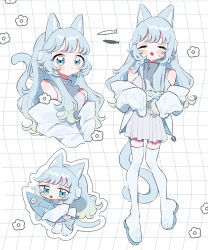  1girl :3 animal_ears bare_shoulders blue_eyes blue_hair blush_stickers boots cat_ears cat_girl cat_tail closed_mouth commentary_request controller fish game_controller headset highres holding jacket jacket_partially_removed long_hair long_sleeves looking_at_viewer niyu_(nennenkorori3) off_shoulder open_mouth original simple_background skirt sleeveless smile stuffed_animal stuffed_toy tail thigh_boots 