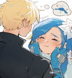  1boy 1girl artist_name blonde_hair blue_eyeshadow blue_hair blush closed_eyes closed_mouth couple dizzy_(guilty_gear) english_commentary eyeshadow fingerless_gloves flower gloves guilty_gear guilty_gear_strive hair_flower hair_ornament hand_on_another's_face highres husband_and_wife ky_kiske long_hair makeup queen_dizzy short_hair simple_background speech_bubble swept_bangs thick_eyelashes thought_bubble white_background white_flower yablofap yellow_flower 