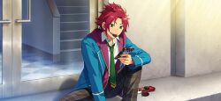  1boy bangs_pinned_back blue_jacket cellphone collared_shirt curtained_hair door ensemble_stars! feature_scout_1_(ensemble_stars!) food game_cg green_eyes green_necktie hair_ornament hairclip happy_elements holding holding_phone hood hood_down hooded_jacket isara_mao jacket knee_up lapels layered_clothes layered_sleeves male_focus mouth_hold necktie notched_lapels official_art open_clothes open_collar open_jacket pants phone plaid_clothes plaid_pants red_hair school_uniform shirt short_hair sitting smartphone solo stairs teeth third-party_source white_shirt wing_collar yumenosaki_school_uniform 