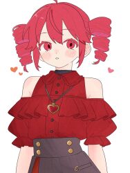  1girl ahoge alternate_costume drill_hair frilled_shirt frills grey_skirt heart heart_necklace high-waist_skirt highres jewelry kasane_teto komori_kamome light_blush looking_at_viewer necklace parted_lips red_eyes red_hair red_shirt shirt short_hair sidelocks simple_background skirt solo twin_drills upper_body utau white_background 