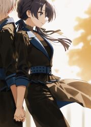  2girls absurdres ameiro_(love_live!) awoke_(love_live!) back-to-back black_hair black_jacket black_ribbon black_skirt blue_eyes blue_ribbon closed_mouth commentary cowboy_shot dollchestra enu_illustip floating_hair hair_ribbon highres holding_hands interlocked_fingers jacket link!_like!_love_live! long_hair love_live! multicolored_hair multiple_girls murano_sayaka red_streaks ribbon short_hair skirt smile solo_focus streaked_hair virtual_youtuber white_hair yugiri_tsuzuri 