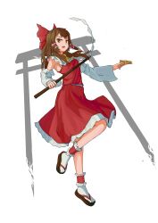  1girl absurdres between_fingers bow brown_eyes brown_hair brown_sandals chinese_commentary commentary_request detached_sleeves frilled_hair_tubes frills full_body gohei hair_bow hair_tubes hakurei_reimu highres holding holding_gohei holding_ofuda long_hair looking_at_viewer mei_lian_chun_xue ofuda ofuda_between_fingers open_mouth red_bow red_skirt sandals skirt skirt_set socks solo torii touhou white_socks 