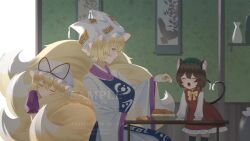  3girls absurdres animal_ears animal_hat blonde_hair blue_tabard bow bowtie breasts cat_ears cat_tail chen closed_eyes commentary dress earrings english_commentary feeding fluffy_tail food fox_tail fruit green_hat hanging_scroll hat hat_ribbon highres holding holding_food holding_fruit hoop_earrings hugging_tail jewelry kitsune large_breasts mandarin_orange mob_cap multiple_girls multiple_tails nekomata no_noru purple_dress red_dress red_ribbon ribbon sample_watermark scroll single_earring tabard table tail touhou two_tails watermark white_dress white_hat yakumo_ran yakumo_yukari yellow_bow yellow_bowtie 
