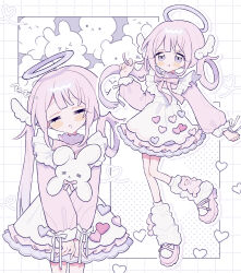  1girl :< :q absurdres apron blunt_bangs blush_stickers bow bowtie closed_eyes closed_mouth commentary_request dress drooling full_body grid_background hair_ornament hair_rings halo hand_up highres long_hair long_sleeves multiple_views niyu_(nennenkorori3) original outline pink_bow pink_bowtie pink_dress pink_hair pink_shoes purple_halo shoes side_ponytail single_hair_ring sleeping sleeve_bow smile socks standing standing_on_one_leg tongue tongue_out white_apron white_background white_bow white_outline white_socks wing_hair_ornament zzz 