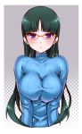  :&lt; akira_(natsumemo) bespectacled black_hair blush breasts bust glasses gym_leader large_breasts long_hair looking_at_viewer natsume_(pokemon) pokemon pokemon_(game) purple_eyes red-framed_glasses ribbed_sweater rough solo sweater violet_eyes 
