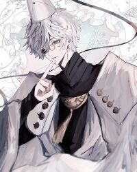  1boy absurdres acerola_2539 black_shirt blue_eyes cape commentary finger_to_mouth hair_over_one_eye hat highres male_focus musical_staff one_eye_covered pince-nez qifrey_(tongari_boushi_no_atelier) shirt short_hair solo tassel tongari_boushi_no_atelier white_cape white_hair white_hat white_theme 