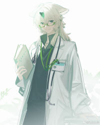  alternate_costume animal_ears arknights black_shirt blonde_hair chinese_commentary commentary_request folder glasses green-framed_eyewear green_horns green_sash hand_on_table highres holding holding_folder horns id_card jiuri_jiuhao lab_coat long_hair looking_at_viewer official_artist_extra popped_collar record_keeper_(arknights) sash shirt sidelighting single_horn smile stethoscope 