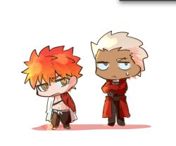  2boys :< archer_(fate) baggy_pants belt black_belt black_boots black_pants black_shirt boots brown_belt brown_boots brown_eyes brown_pants cape chibi chibi_only closed_mouth crossed_arms dark-skinned_male dark_skin emiya_shirou empty_eyes fate/grand_order fate/stay_night fate_(series) full_body gradient_hair half-closed_eyes igote jacket long_sleeves looking_afar looking_at_another looking_up male_focus multicolored_hair multiple_boys navel nedameman open_clothes open_jacket open_mouth orange_hair pants red_cape red_hair red_jacket senji_muramasa_(fate) shadow shirt short_hair simple_background spiky_hair standing sweatdrop two-tone_hair v-shaped_eyebrows waist_cape white_background white_hair white_shirt yellow_eyes 