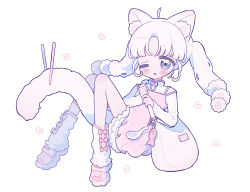  1girl ahoge animal_ear_fluff animal_ears bag blue_eyes blush_stickers bow bow_legwear bowtie cat_ears cat_girl cat_tail commentary_request dress food frilled_dress frills full_body highres kamaboko long_hair narutomaki niyu_(nennenkorori3) one_eye_closed open_mouth original parted_bangs pinafore_dress pink_bow pink_bowtie pink_shoes shirt shoes short_dress simple_background sleeveless sleeveless_dress socks solo tail twintails white_background white_hair white_shirt white_socks 
