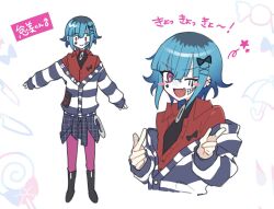  1boy amemiya_darumi black_boots black_bow black_bowtie black_shirt blue_hair blue_sweater boots bow bowtie clothes_around_waist commentary_request double_finger_gun facial_mark finger_gun genderswap genderswap_(ftm) hair_ornament hairpin high_collar highres jacket jacket_around_waist knife lella_(piyotto22) makeup male_focus medium_hair multiple_views one_eye_closed pantyhose pink_eyes pink_pantyhose pointing pointing_at_viewer popped_collar red_shirt shirt sidelocks solo star_(symbol) star_facial_mark striped_clothes striped_sweater sweater the_hundred_line_-last_defense_academy- umbrella white_sweater x_hair_ornament zipper_pull_tab 