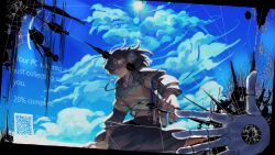  1other absurdres black_hoodie blue_screen_of_death blue_sky broken broken_glass broken_screen brown_hair brown_pants clouds cloudy_sky commentary crack cracked_glass cracked_screen day deltarune drawstring english_commentary fourth_wall glass highres hood hood_down hoodie kris_(deltarune) looking_at_viewer meta monitor outdoors pants qr_code red_eyes sky striped_clothes striped_hoodie susie_(deltarune) thelostmoongazer utdr_(toby_fox) w.d._gaster 