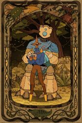  2others art_nouveau behind_another blue_cape blue_shirt border cape chain commentary english_text flower full_body grass hand_on_another's_shoulder highres holding holding_flower holding_letter humanoid_robot letter looking_at_another love_letter mieze_panzer multiple_others mushroom object_head ornate_border other_with_other plant robot sepia shirt slay_the_spire slay_the_spire_2 standing the_defect_(slay_the_spire) the_regent_(slay_the_spire) tree vines 