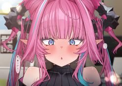  1girl absurdres arknights arknights:_endfield bare_shoulders black_sweater blue_eyes blush chestnut_mouth commentary_request hair_on_horn highres horns multicolored_hair pink_hair pointy_ears portrait solo streaked_hair sweater translation_request unitnotakoyaki yvonne_(arknights) 