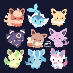  :3 :d animal_focus black_background bow chibi chibi_only commentary eevee espeon evolutionary_line fins fish_tail flareon fluffy forked_tail glaceon jolteon leafeon mahoukarp no_humans no_lineart pawpads pokemon pokemon_(creature) pokemon_focus ribbon simple_background sitting smile solid_circle_eyes sylveon tail umbreon vaporeon watermark 