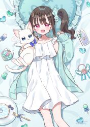  1girl :3 :d absurdres animal aqua_cardigan aqua_scrunchie black_hair blue_cardigan blue_eyes blue_scrunchie blueberry brown_hair candy cardigan cat cellphone closed_mouth commentary doughnut dress food fork frilled_dress frilled_pillow frills from_above fruit hair_ornament hair_scrunchie hairclip heart heart-shaped_pillow highres hiiragi_syuu holding holding_animal lollipop long_hair long_sleeves looking_at_viewer lying nekoyashiki_mayu nekoyashiki_yuki nekoyashiki_yuki_(cat) nightgown on_back on_bed open_cardigan open_clothes open_mouth phone pillow pink_eyes plate precure scrunchie shiny_cats_pact short_dress side_ponytail sidelocks sleepwear sleeveless sleeveless_dress smartphone smile solo twitter_username violet_eyes watermark white_cat white_nightgown wonderful_precure! 