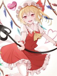  1girl absurdres ascot blonde_hair collared_shirt commentary_request crystal crystal_wings flandre_scarlet frilled_shirt_collar frilled_skirt frills hat heart highres holding holding_weapon laevatein_(touhou) looking_at_viewer luuu_u_u mob_cap multicolored_wings one_side_up open_mouth paid_reward_available puffy_short_sleeves puffy_sleeves red_eyes red_skirt red_vest shirt short_sleeves skirt skirt_set smile solo teeth touhou upper_teeth_only vest weapon white_hat white_shirt wings yellow_ascot 