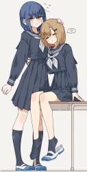  2girls absurdres black_sailor_collar black_serafuku black_shirt black_skirt black_socks blue_hair brown_hair closed_eyes closed_mouth commentary_request flying_sweatdrops grey_background hand_on_another's_head hand_on_another's_waist heart highres hug kneehighs kopaka_(karda_nui) long_hair multiple_girls neckerchief original sailor_collar school_uniform serafuku shirt shoes short_hair simple_background sitting skirt socks spoken_heart white_neckerchief white_shoes yellow_eyes yuri 