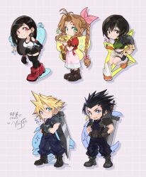 2boys 3girls aerith_gainsborough armor baggy_pants basket black_gloves black_hair black_skirt blonde_hair blue_eyes boots braid braided_ponytail breasts brown_eyes brown_hair buster_sword chibi chibi_only closed_mouth cloud_strife crop_top crossed_bangs dress earrings elbow_gloves final_fantasy final_fantasy_vii final_fantasy_vii_rebirth final_fantasy_vii_remake flower full_body gloves green_eyes green_sweater hair_ribbon hands_on_own_hips headband highres holding holding_basket jacket jewelry large_breasts leaning_forward long_hair looking_at_viewer low-tied_long_hair materia miniskirt multiple_boys multiple_girls pants parted_lips pink_dress pink_ribbon ponytail red_boots red_eyes red_jacket ribbon short_hair shorts shoulder_armor signature simple_background skirt sleeveless sleeveless_turtleneck smile socks sparkle spiky_hair standing standing_on_one_leg suspender_skirt suspenders sweater sword sword_on_back tank_top tifa_lockhart turtleneck turtleneck_sweater vinetsu water weapon weapon_on_back white_socks white_tank_top yellow_flower yuffie_kisaragi zack_fair zettai_ryouiki 