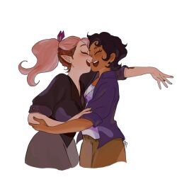  2girls amity_blight black_hair black_shirt brown_hair brown_pants closed_eyes commentary highres jacket long_hair luz_noceda multicolored_hair multiple_girls open_mouth pants pointy_ears ponytail purple_jacket realyskp shirt short_hair smile the_owl_house two-tone_hair white_background white_shirt yuri 