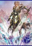  1boy armor brown_hair crystal highres horns kizemoto knight male pixiv_fantasia pixiv_fantasia_sword_regalia solo sword weapon 