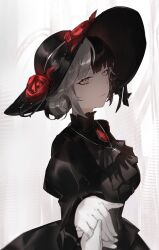 1girl absurdres alternate_costume black_dress black_hair black_hat breasts brooch commentary dress english_commentary flower from_side gem gloves grey_hair hat hat_flower highres holding_hands hololive hololive_english jewelry juliet_sleeves kurochanai large_breasts long_sleeves looking_at_viewer multicolored_hair parted_bangs pov pov_hands puffy_sleeves red_flower red_gem red_rose rose shiori_novella solo_focus split-color_hair two-tone_hair upper_body virtual_youtuber white_gloves yellow_eyes 