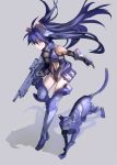  animal_ears armor bare_shoulders blue_hair blue_legwear bodysuit cat cat_ears elbow_gloves fingerless_gloves gauntlets gloves gun long_hair navel original rifle robot simple_background solo thigh_gap thighs weapon won_(toufunokado) yellow_eyes 