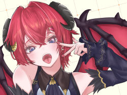  1girl ange_katrina bare_shoulders black_horns blue_eyes blush commentary_request crossed_bangs demon_girl demon_horns demon_wings detached_sleeves earrings eye_glitter eyelashes floating_earrings glint gold_earrings gradient_eyes grid_background hair_between_eyes hair_intakes hair_ornament hand_up head_tilt heart heart_earrings heart_hair_ornament highres horn_ornament horns jewelry looking_at_viewer multicolored_eyes nail_polish nijisanji official_alternate_costume open_mouth pink_eyes portrait purple_sleeves red_hair red_nails red_wings short_hair sleeves_past_wrists solo tamhit tongue tongue_out v virtual_youtuber wings yellow_background 