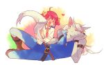  &gt;_&lt; 1girl annoyed blush boots chin_rest heart hoshizora_miyuki mogawa on_side pants pink_hair precure short_hair short_twintails smile smile_precure! tail twintails werewolf wolf_tail wolfrun 