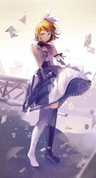  1girl 25-ji_rin arm_ribbon asymmetrical_legwear black_ribbon black_thighhighs blonde_hair blue_eyes bow choker closed_mouth commentary cross-laced_clothes detached_sleeves dot_nose dress flat_chest frilled_choker frilled_dress frills full_body grey_dress grey_sleeves grey_thighhighs hair_bow hair_ornament hairband hairclip hand_on_own_chest highres kagamine_rin lace-trimmed_dress lace_trim long_sleeves main_chocolate mismatched_legwear neck_ribbon no_shoes petticoat project_sekai red_ribbon ribbon sad short_hair sidelocks sleeveless sleeveless_dress solo standing thigh-highs truss white_bow 