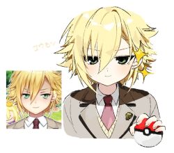  82791ll blonde_hair green_eyes holding holding_poke_ball necktie nijisanji poke_ball pokemon red_necktie school_uniform screenshot_inset smile smug sparkle uzuki_kou uzuki_kou_(3rd_costume) 