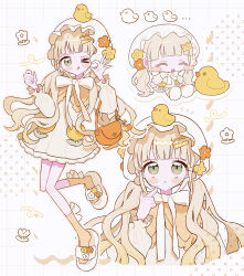  >_o 1girl :< :d ;q ^_^ absurdres blonde_hair blunt_bangs blush_stickers bow bowtie chibi closed_eyes closed_mouth commentary_request dress full_body green_eyes grid_background hand_up hands_up hat highres index_finger_raised long_hair long_sleeves looking_at_viewer multiple_views niyu_(nennenkorori3) one_eye_closed open_mouth orange_socks original sandals smile socks standing standing_on_one_leg tongue tongue_out twintails white_background white_hat white_sandals yellow_bow yellow_bowtie yellow_dress 